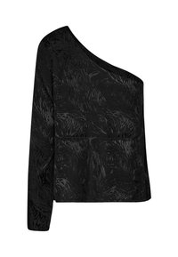 Asymmetrical black top with one long sleeve, textured fabric featuring a subtle wave pattern, and a scoop neckline.
