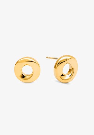 Pendientes de studs en tono dorado de metal con un diseño circular, que presentan un agujero central y una superficie lisa y pulida.