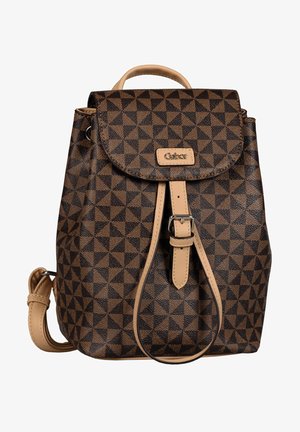 Brown geometric patterned backpack made of faux leather with a top flap, adjustable straps, and a front buckle closure.