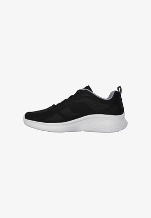 Black athletic shoe with a breathable mesh upper, white cushioned sole, rounded toe, and subtle textured accents. Features lace-up design.
