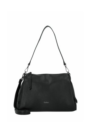 Schwarze Ledertasche mit strukturiertem Design, verstellbarem Schulterriemen und silberfarbener Hardware. Besitzt ein dezentes Logo auf der Vorderseite.