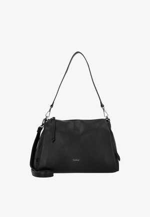 Sac à main en cuir noir avec une forme structurée, une bandoulière réglable et des accessoires en métal argenté. Présente un logo discret sur le devant.