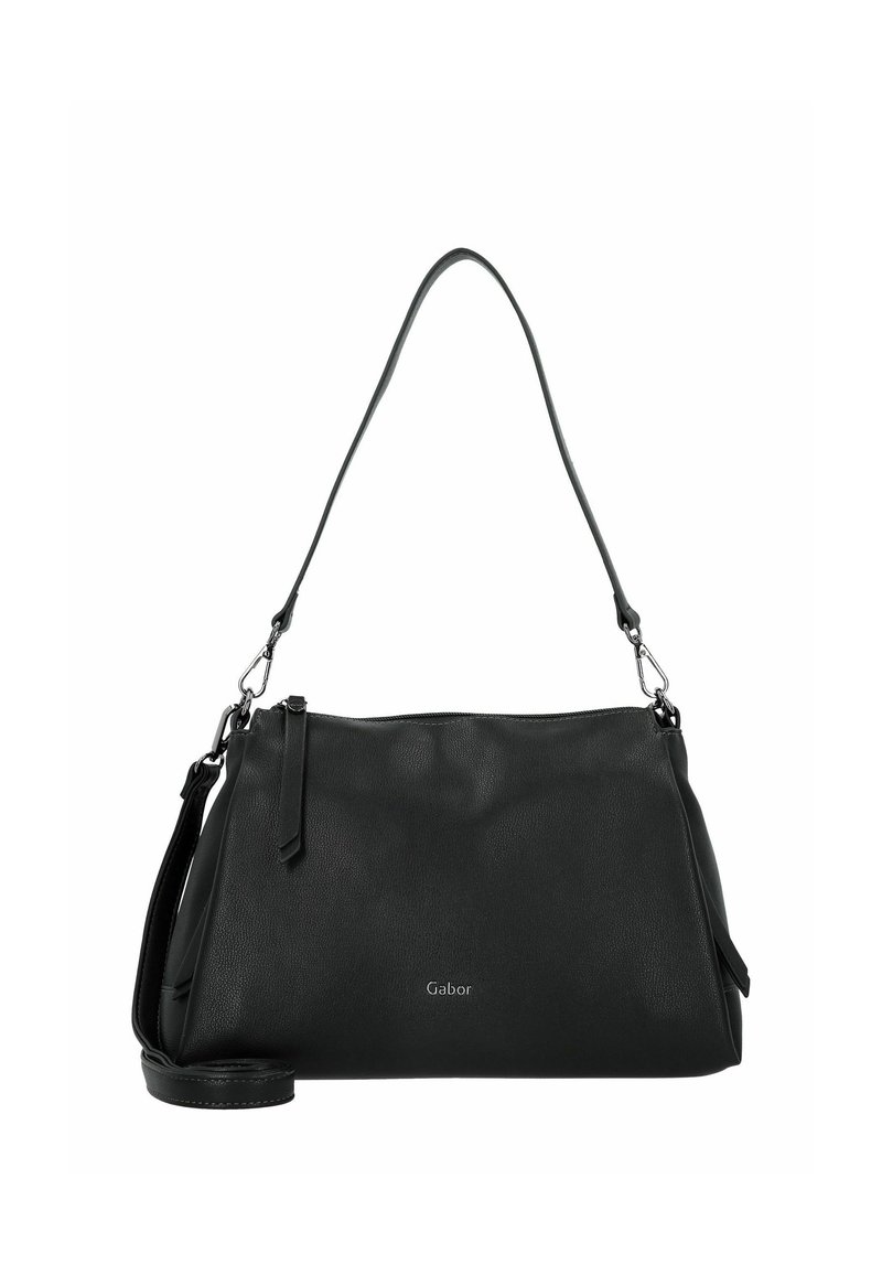 Schwarze Ledertasche mit strukturiertem Design, verstellbarem Schulterriemen und silberfarbener Hardware. Besitzt ein dezentes Logo auf der Vorderseite.