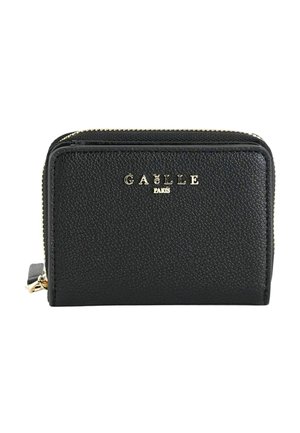 Portafoglio in pelle nera texturizzata con cerniera dorata e logo dorato "GAËLLE PARIS" centrato sul davanti.