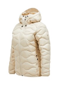 Doudoune matelassée beige avec capuche, présentant un design ondulé, un zip à l'avant et deux poches latérales avec cordons de serrage réglables.