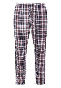 Plaid pajama pants feature a drawstring waist, soft cotton fabric, and a mix of red, navy, and white patterns in a regular fit design.