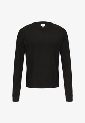 Čierny sveter s dlhým rukávom vyrobený z mäkkej pleteniny, s okrúhlym výstrihom a rebrovanými manžetami a lemom. Klasický, prispôsobený dizajn.