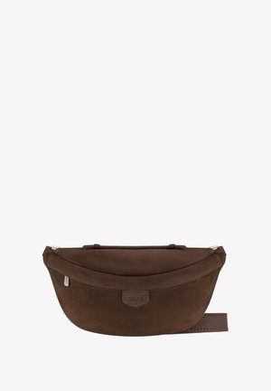 Smeđi suknja fanny pack s zakrivljenim dizajnom, sa gornjim zatvaračem, podesivim remenom i kožnim logotipom.