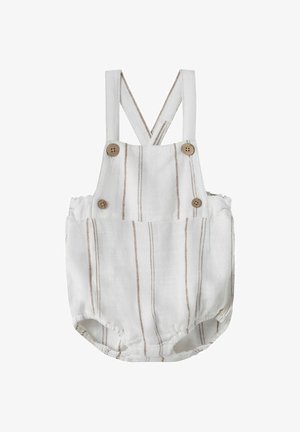 Tutina bianca per neonato con righe verticali marroni, spalline incrociate, quattro bottoni in legno e aperture elastiche alle gambe.