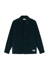 Giacca in corduroy verde scuro con chiusura a bottoni, due tasche a pattina sul davanti e un'etichetta in tessuto vicino all'orlo inferiore.
