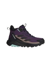 Purple hiking boot with black accents, textured synthetic upper, padded collar, and rugged outsole. Features contrasting teal details.