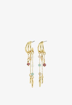 Goldene Creolen-Ohrringe mit drei hängenden Ketten, die kleine bunte Perlen und unregelmäßige goldene Anhänger zeigen.