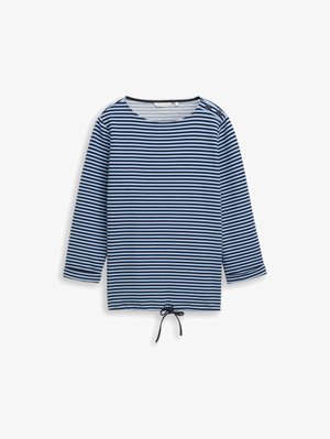 Modře a černě pruhované tričko s dlouhým rukávem, kulatým výstřihem, dvěma knoflíky na ramenou a stahovací šňůrkou uprostřed spodního lemu.