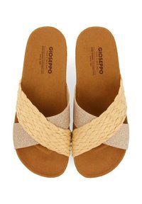 Sandales en fibres naturelles tressées avec des accents brillants, dotées d'une semelle plate et d'une semelle intérieure rembourrée de couleur beige clair.