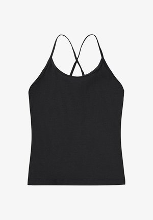 Mustat hihattomat paidat, joissa on säädettävät spagettiolkaimet ja urheilullinen takaosa. Valmistettu pehmeästä kankaasta, jossa on sileä rakenne.