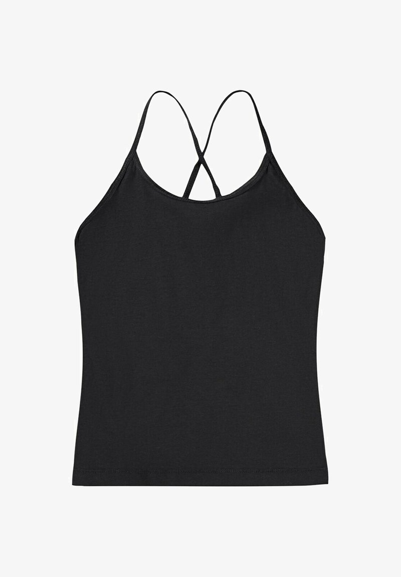 Czarny bezrękawnik z regulowanymi ramiączkami, z tyłem w stylu wyścigowym. Wykonany z miękkiej tkaniny o gładkiej teksturze.