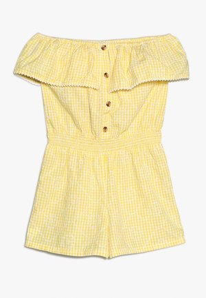 Żółty kombinezon w kratkę gingham z odkrytymi ramionami, zapinany na guziki, z marszczonym stanem i białymi kwiatowymi zdobieniami. Lekki, bawełniany materiał.