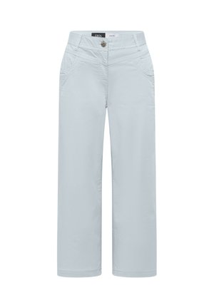 Pantalon gris clair à jambes larges avec bouton à l'avant, passants de ceinture et poches avant cousues, présenté à plat sur fond blanc.