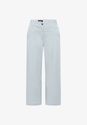 Pantalon gris clair à jambes larges avec bouton à l'avant, passants de ceinture et poches avant cousues, présenté à plat sur fond blanc.