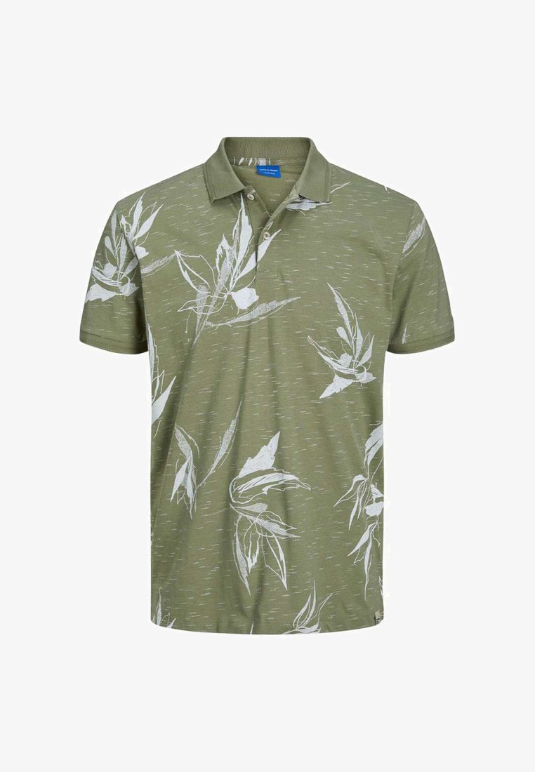 Polo en vert olive avec un motif texturé, orné d'impressions botaniques blanches et d'un col classique. Fabriqué en tissu respirant.