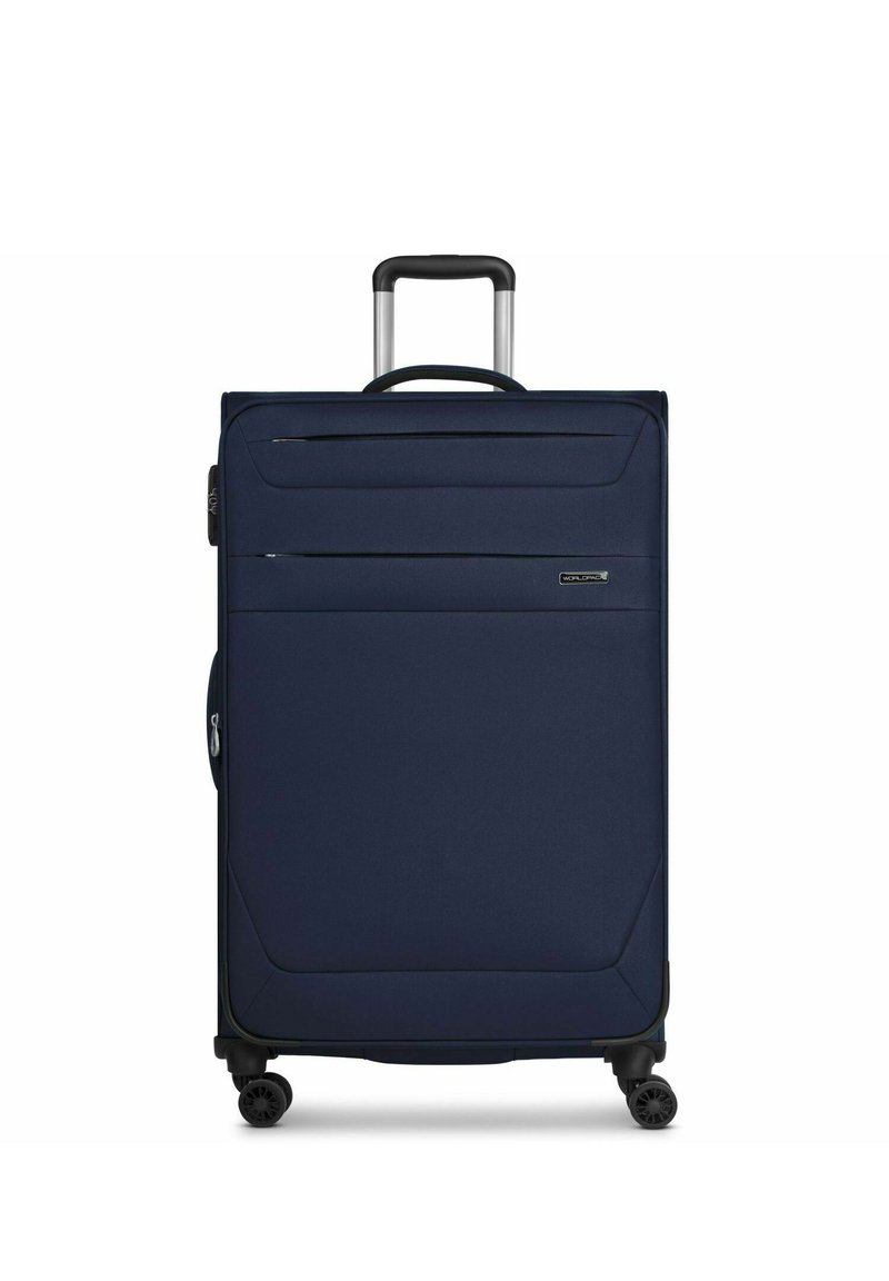Valigia in tessuto blu navy con manico telescopico, due ruote, tasca frontale con zip e superficie texturizzata; design strutturato con accentuazioni sugli angoli.
