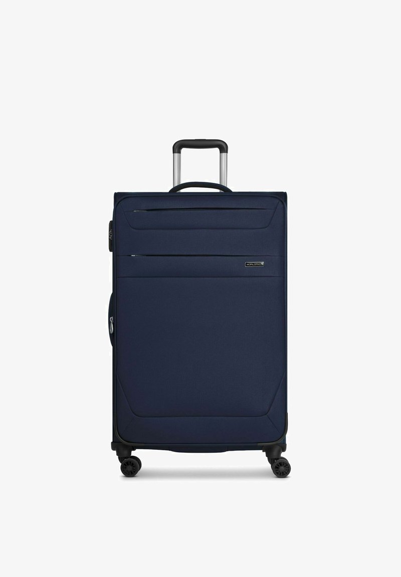 Valigia in tessuto blu navy con manico telescopico, due ruote, tasca frontale con zip e superficie texturizzata; design strutturato con accentuazioni sugli angoli.