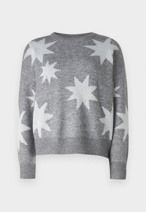 Pulôver cinza de malha com padrões de estrelas brancas, decote arredondado e punhos e bainha canelados. Design cropped com uma textura suave.