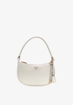 White leather shoulder bag with gold-tone hardware, zipped top, curved handle, and decorative tassels on the right side.