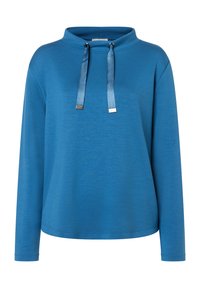 Blauwe sweatshirt met lange mouwen en hoge nek, voorzien van twee satijnen trekkoorden en metalen accenten. Zachte textuur en een ontspannen pasvorm.