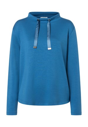 Sweat-shirt bleu à manches longues avec un col montant, featuring deux cordons en satin et des accents métalliques. Texture douce et coupe décontractée.
