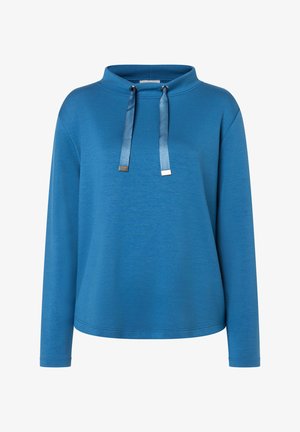 Blaues Langarm-Sweatshirt mit hohem Kragen, ausgestattet mit zwei satinierten Kordeln und metallischen Akzenten. Weiche Textur und lockere Passform.