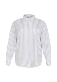 Camisa blanca de manga larga con rayas verticales en azul claro, verde y gris. Cierre frontal de botones con cuello clásico y mangas con puños.