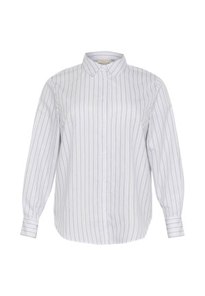 Weißes Langarmhemd mit vertikalen Streifen in Hellblau, Grün und Grau. Knopfleiste mit klassischem Kragen und geknöpften Ärmeln.