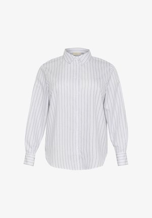 Witte lange mouwen blouse met verticale strepen in lichtblauw, groen en grijs. Knoopsluiting aan de voorkant met een klassieke kraag en manchetten.