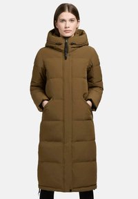 Long brown puffer coat with a hood, featuring a front zipper, pockets, quilted design, and snap closures at the hem. Smooth texture.