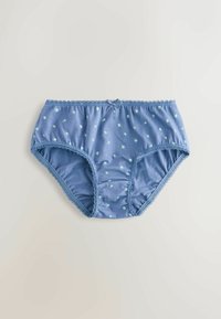 Modré bavlnené dámske nohavičky s malým bielym a zeleným kvetinovým vzorom, s čipkovým lemovaním okolo okrajov a malou mašličkou v strede pásu.