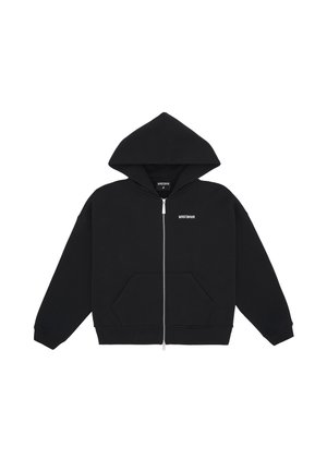 Black zip-up hoodie made of soft fabric. Features a large hood, front kangaroo pockets, and a small logo on the left chest.