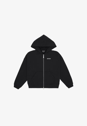 Black zip-up hoodie made of soft fabric. Features a large hood, front kangaroo pockets, and a small logo on the left chest.
