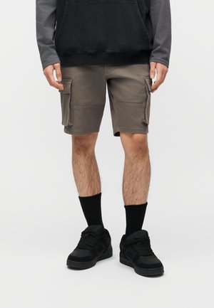 Vyras dėvi pilkus kargo šortus, juodas kojines, juodus sportinius batelius ir juodai pilką ilgomis rankovėmis marškinėlį, stovintis ant vientisos baltos fono.