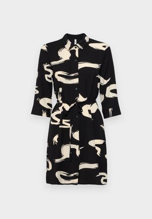 Black shirt dress with abstract cream patterns, button front, collar, and three-quarter sleeves. Includes a matching tied belt for cinching.