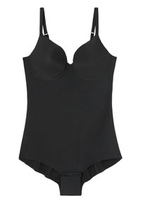 Černý bodysuit s tvarovanými košíčky, nastavitelné ramínka a hladký povrch. Disponuje patentkami na spodní části.