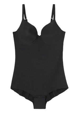 Černý bodysuit s tvarovanými košíčky, nastavitelné ramínka a hladký povrch. Disponuje patentkami na spodní části.