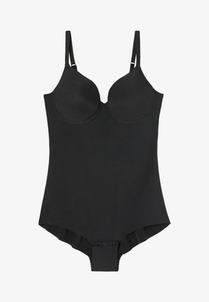 Zwarte bodysuit met gevormde cups, verstelbare bandjes en een gladde textuur. Heeft een drukknoopsluiting aan de onderkant.