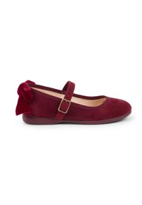 Ballerine in suede bordeaux con punta rotonda, suola piatta e un fiocco in velluto decorativo sul tallone. Presentano una tracolla regolabile con fibbia.