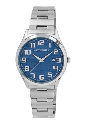 Silberner Edelstahl-Herrenuhr mit blauem strukturiertem Zifferblatt, großen weißen arabischen Ziffern und einer Anzeige für das Datum. Mit einem Gliederarmband.