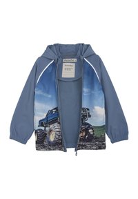 Hooded jack in lichtblauw met een fotografische print van een monstertruck op de ondervoorzijde. Bevat elastische manchetten en een ritssluiting.
