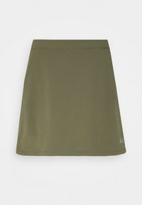 Oliivinvihreä A-linjainen hame, joka on valmistettu sileästä, kevyestä kankaasta, jossa on vahvistettu vyötärö ja hillitty logo yksityiskohtana helmassa.