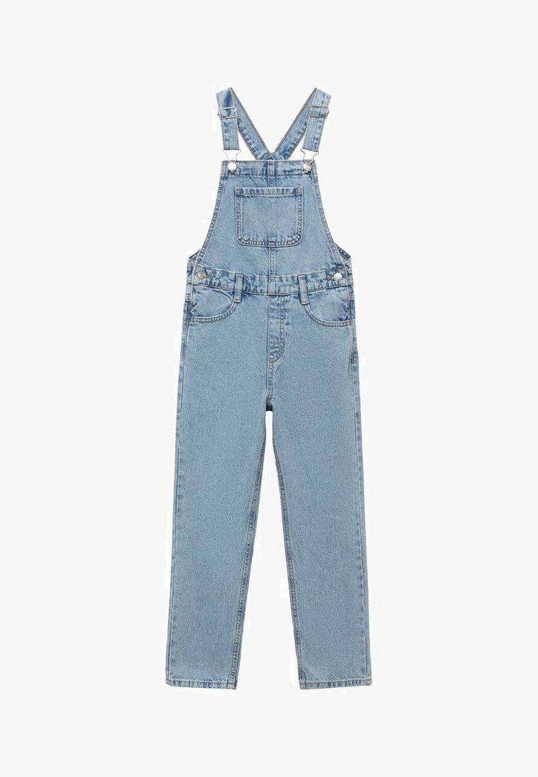 Vaalean siniset farkkuhaalarit, joissa on säädettävät olkaimet, etutasku, kaksi sivutaskua ja suoralahkeinen muotoilu, jossa on hieman haalistunut pinta.