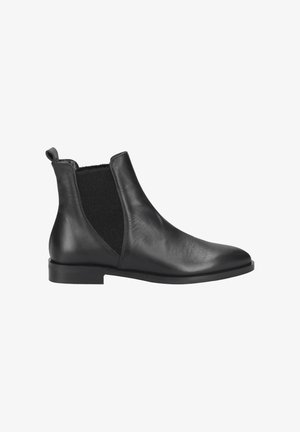 Black leather ankle boots with elastic side panels, rounded toe, pull tab at the heel, and textured rubber sole. Smooth finish and sleek design.