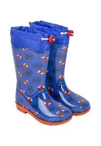 Niebieskie gumowe kalosze o błyszczącej powierzchni, z wzorem Spider-Mana, pomarańczową podeszwą i regulowanym niebieskim sznurkiem u góry.